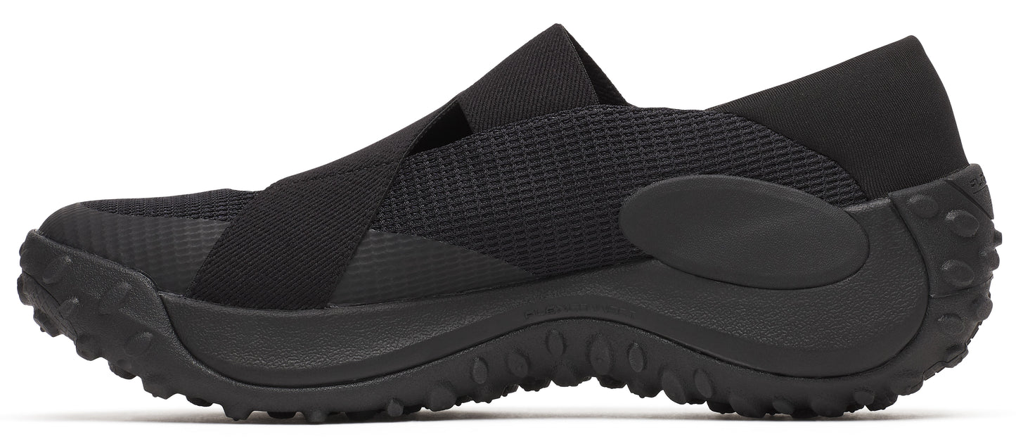 A black slip-on shoe with a thick, lugged sole and elastic straps across the top.