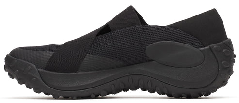 A black slip-on shoe with a thick, lugged sole and elastic straps across the top.