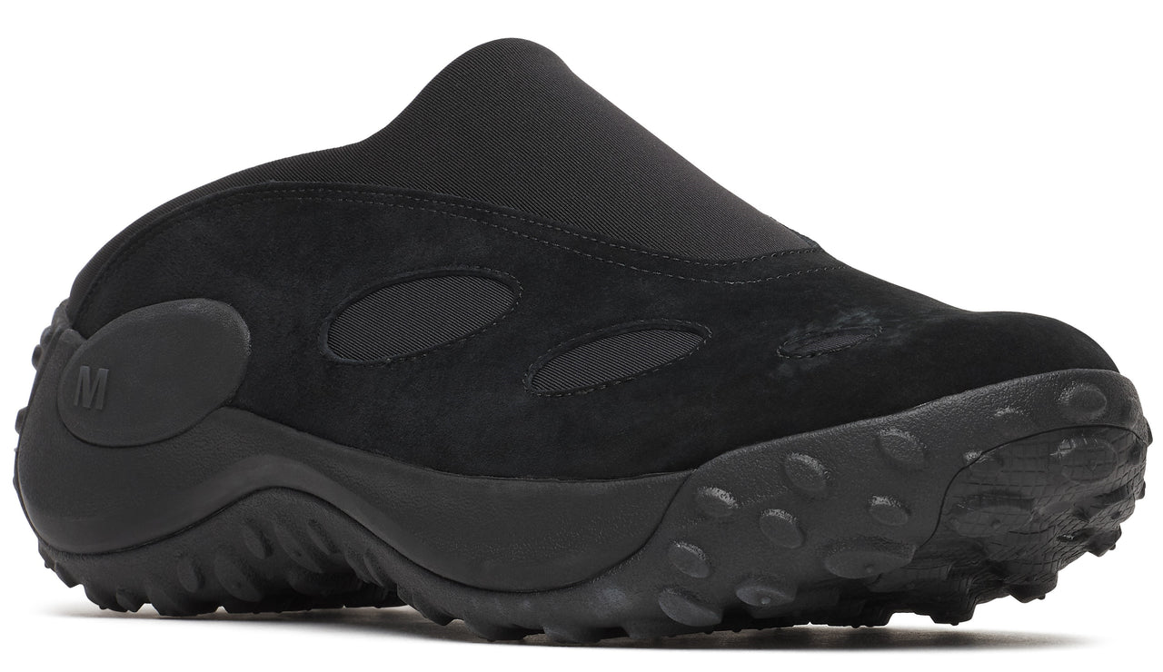 A black casual shoe with a round, textured sole and slip-on style.