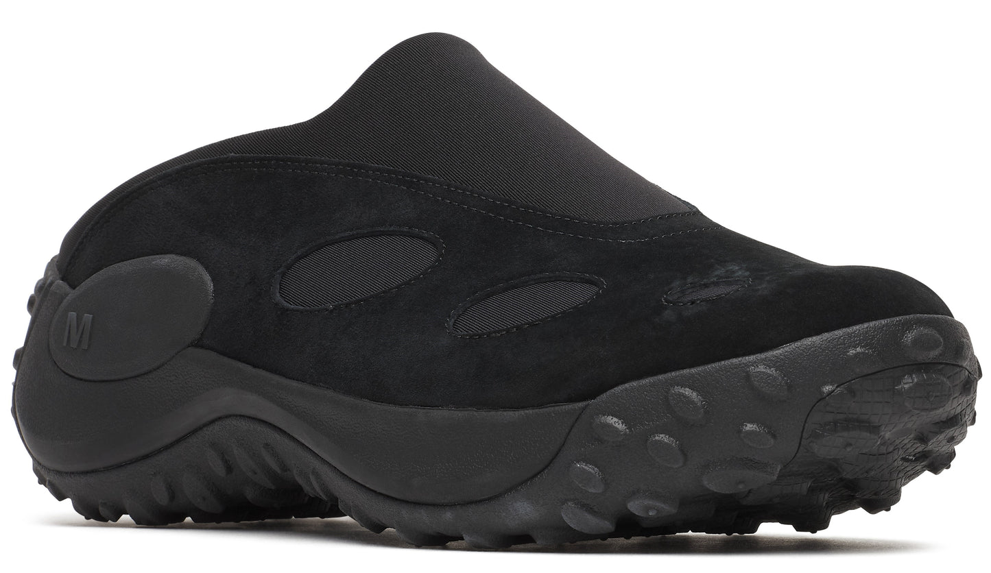 A black casual shoe with a round, textured sole and slip-on style.