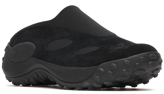 A black casual shoe with a round, textured sole and slip-on style.