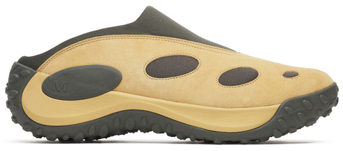 Tan and gray shoe with a thick sole and round holes along the side.