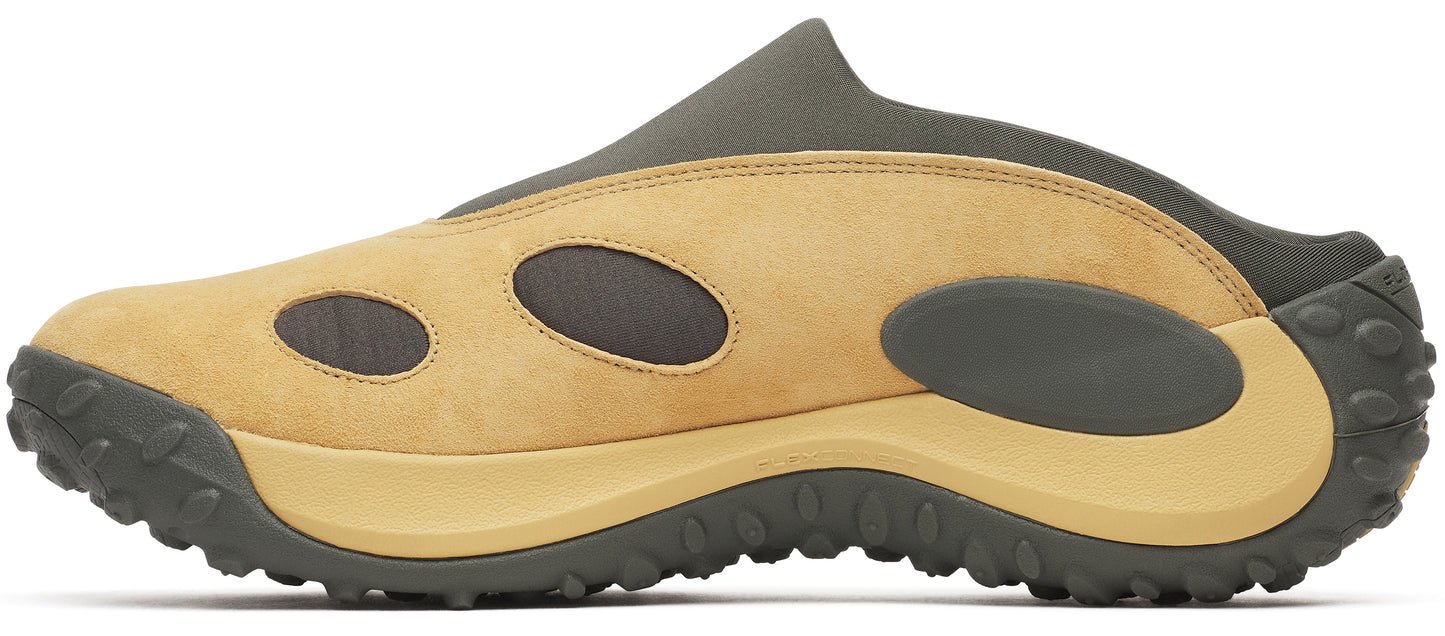A tan and grey shoe with a chunky sole.