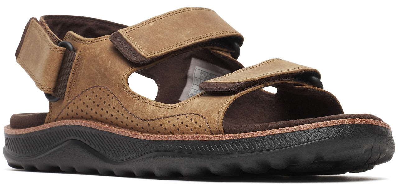 A brown sandal with velcro straps and a thick, black sole.