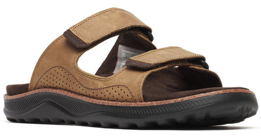 A brown sandal with two straps and a black sole.