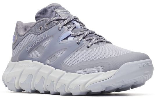 Gray athletic shoe with thick white zigzag sole and "MERRELL" text on the side.