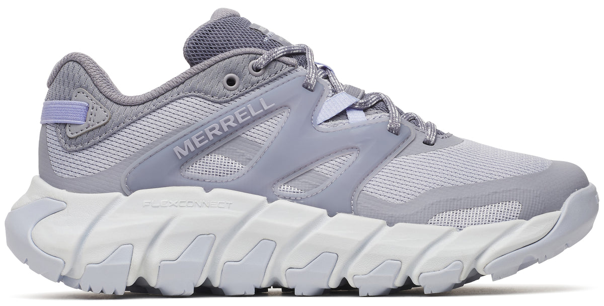 Light gray running shoe with white sole and visible MERRELL text.