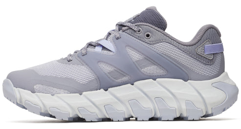 A light gray running shoe with a white zig-zag sole.