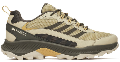 Hiking shoe with beige mesh, dark brown stripes, a rugged olive sole, and "MERRELL" on the heel.