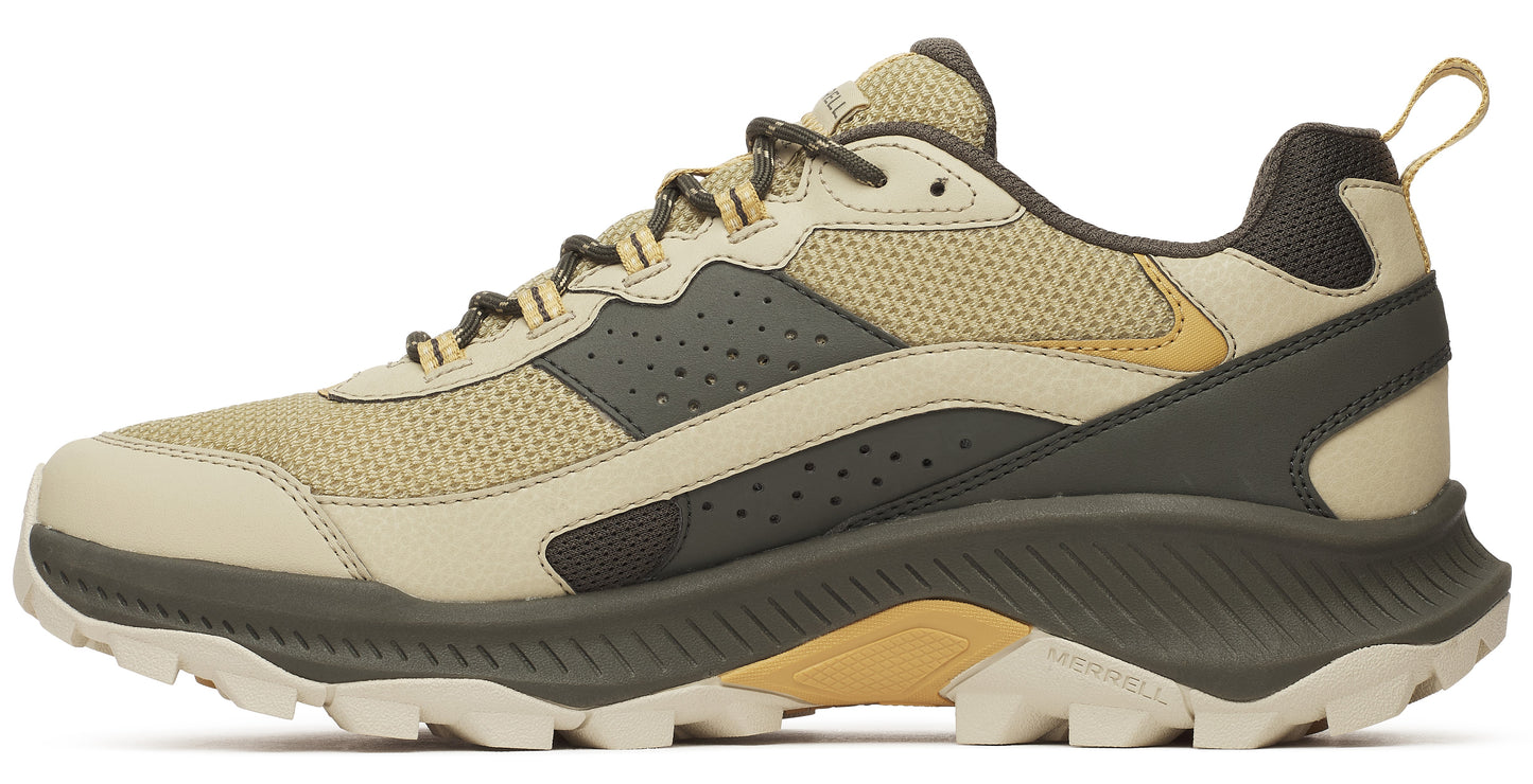 Trail running shoe, beige and olive colorway, mesh and leather upper, lugged outsole.