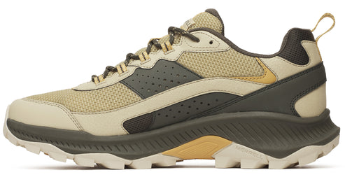 Trail running shoe, beige and olive colorway, mesh and leather upper, lugged outsole.