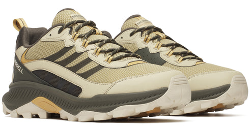 Pair of trail-running shoes, khaki mesh upper with beige accents, dark grey stripes and midsole, lugged outsole, rounded laces.