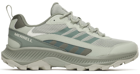 A light sage green athletic hiking sneaker featuring mesh upper panels, synthetic overlays, a padded collar, a thick treaded sole, and the word MERRELL printed on the side.