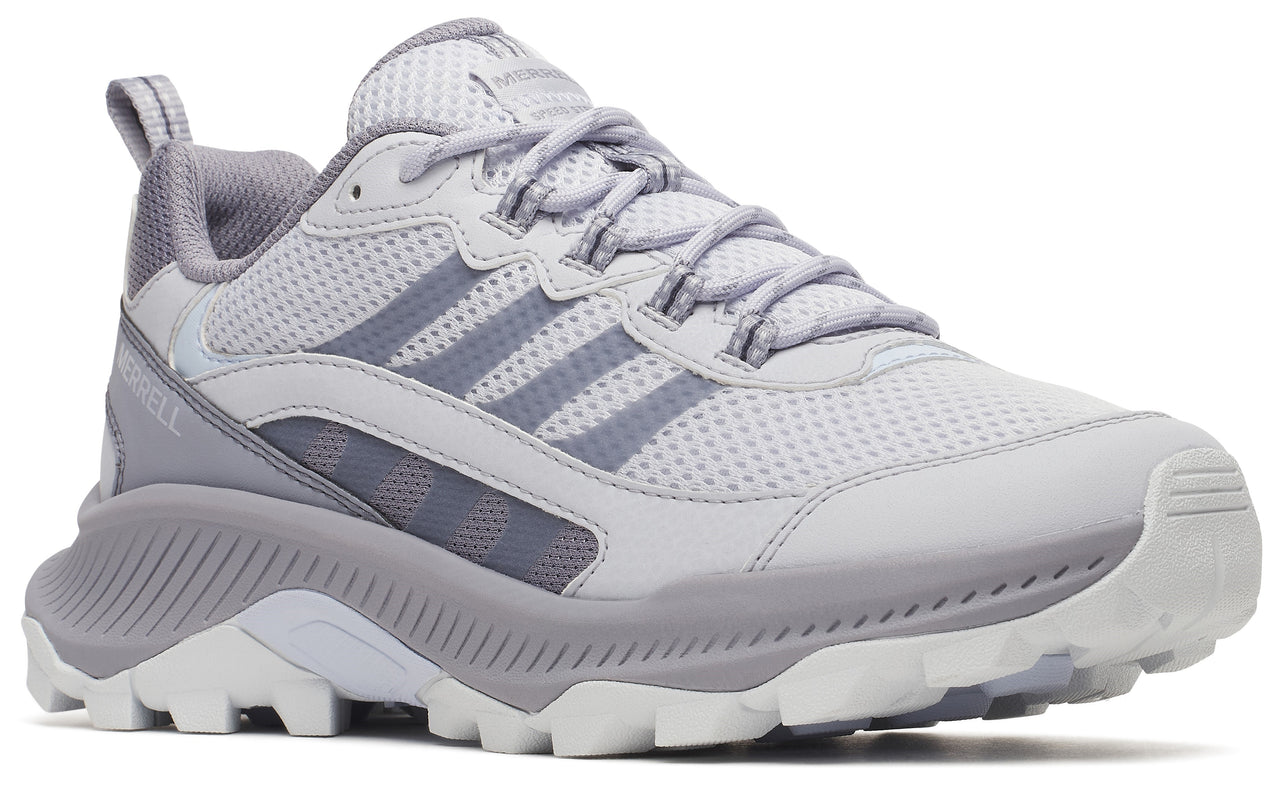 A grey and white athletic shoe with mesh fabric.