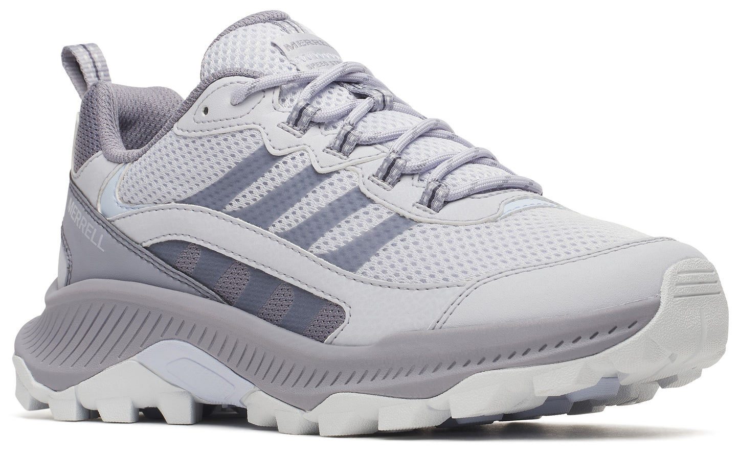 A grey and white athletic shoe with mesh fabric.