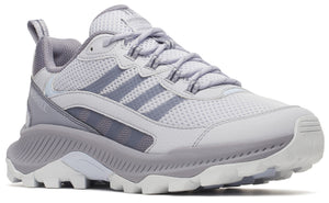 A grey and white athletic shoe with mesh fabric.