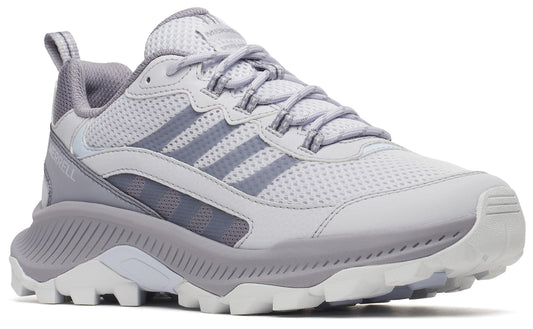A grey and white athletic shoe with mesh fabric.