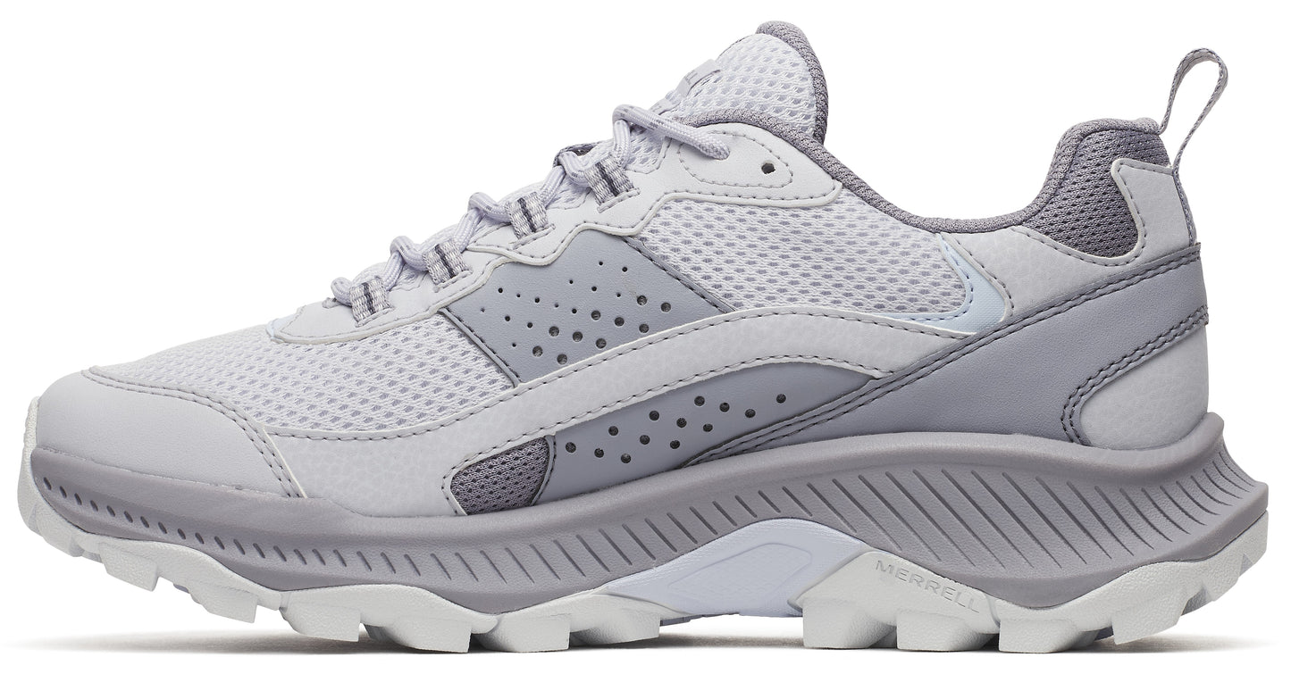 A gray athletic shoe with a rugged sole and lace-up closure.