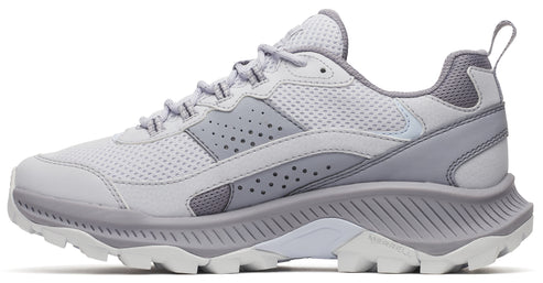 A gray athletic shoe with a rugged sole and lace-up closure.