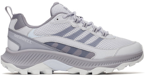 Grey athletic shoe with mesh upper and striped overlay.