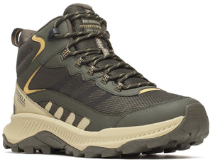 Olive colored hiking boot with a beige sole and patterned laces.