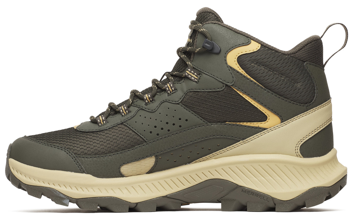 Olive-green and tan hiking boot with a mid-top rise, lugged sole, and lace-up closure.