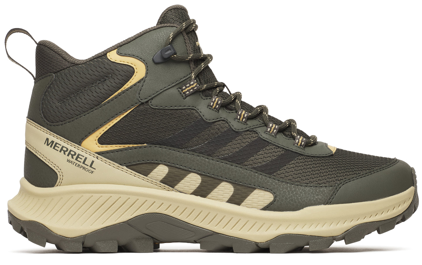 Olive green and black hiking boot with tan sole, lugged outsole, lace up closure, and ‘MERRELL WATERPROOF’ text on the side.