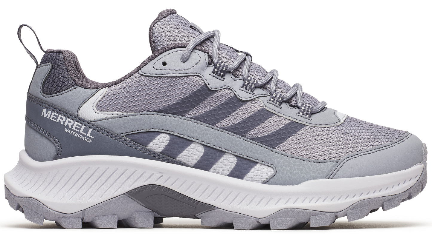 Gray low-top sneaker with white sole and "MERRELL WATERPROOF" text on side.