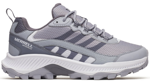 Gray low-top sneaker with white sole and "MERRELL WATERPROOF" text on side.