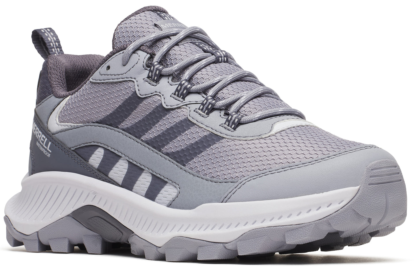 Gray hiking shoe with mesh upper, striped design, white midsole, and rugged outsole.
