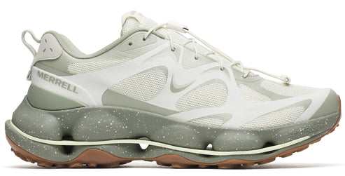 A light green trail running shoe with a heavily cushioned midsole and a white upper, featuring elastic laces and the word "MERRELL".