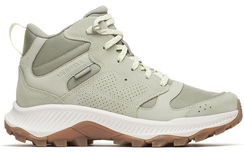 A light green and tan colored hiking boot with the text "MERRELL" printed on its side.
