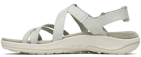 A women's sandal with multiple straps and a hook and loop closure.