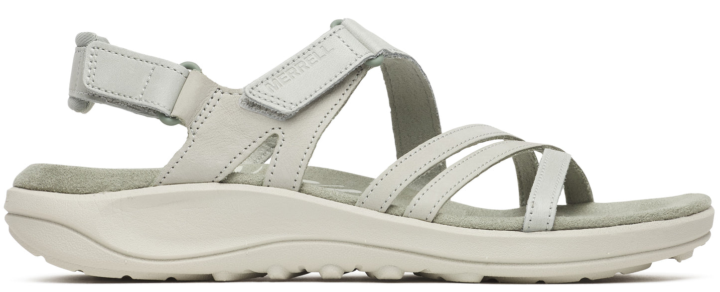 A sandal with hook and loop adjustable straps.
