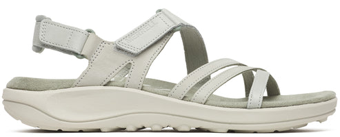 A sandal with hook and loop adjustable straps.