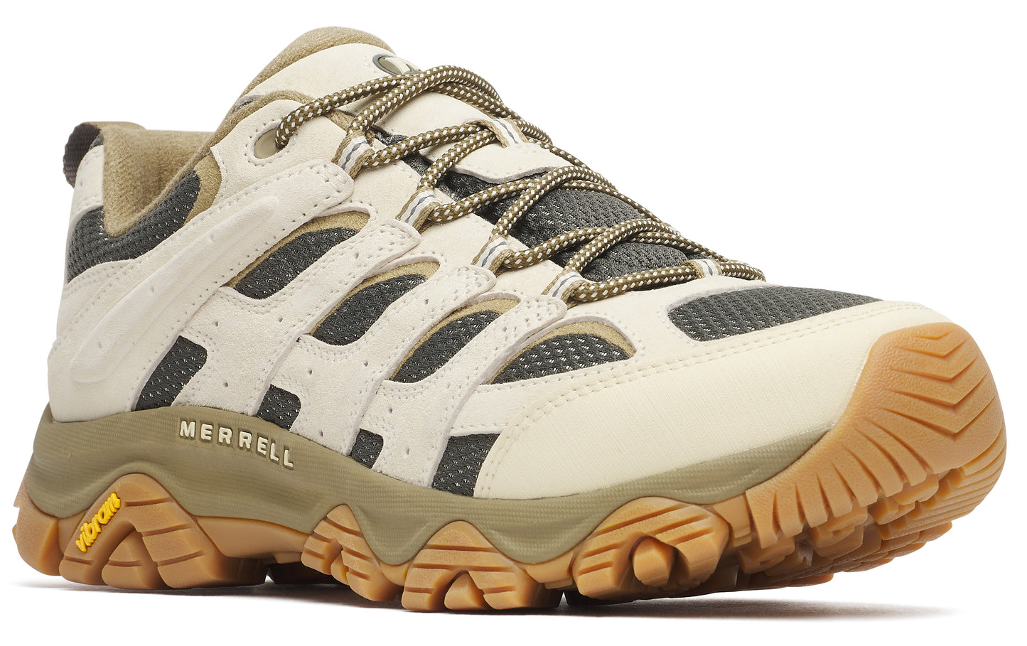 Low-top hiking shoe with light tan leather and brown sole, brown laces.