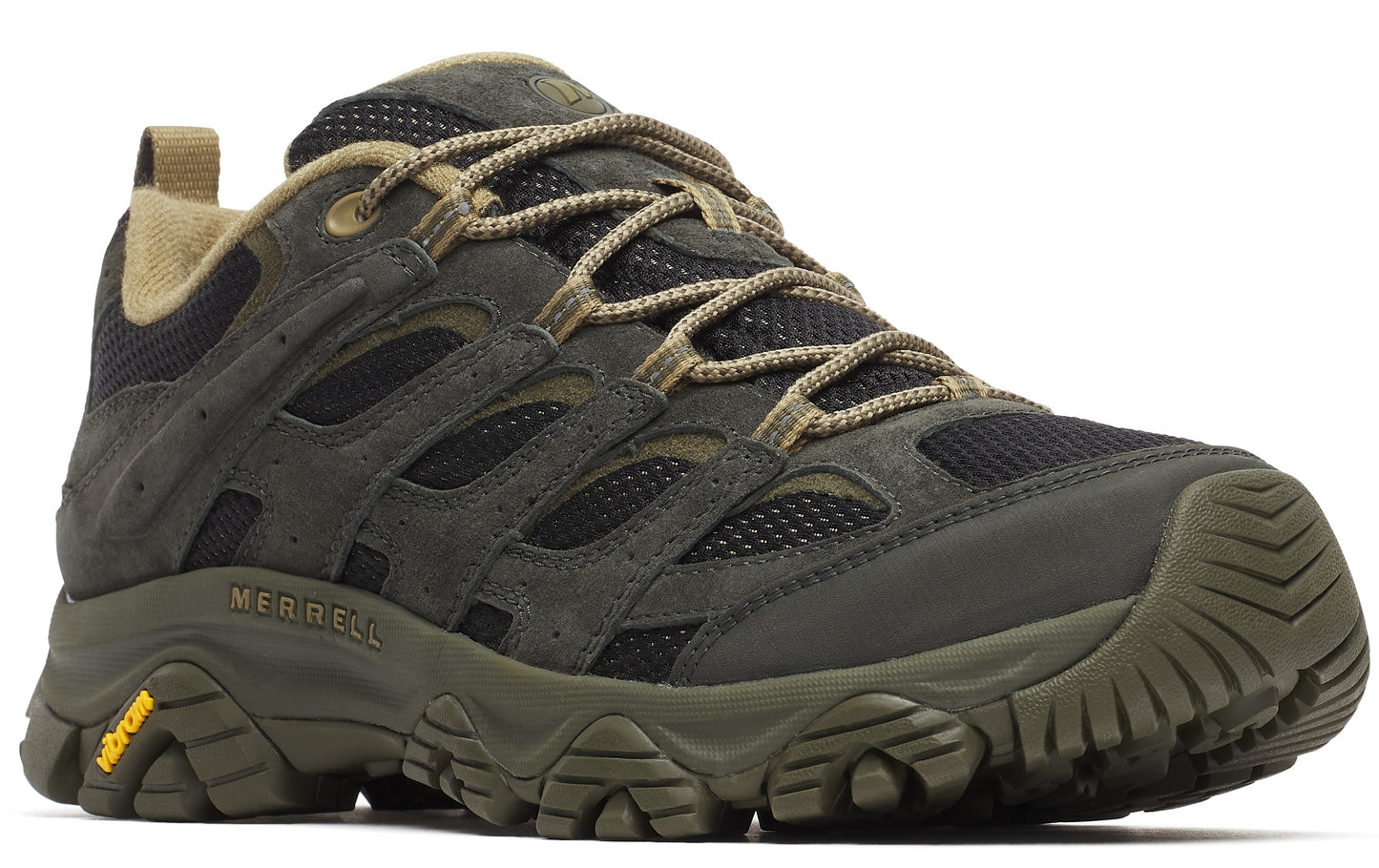 Olive green hiking shoe with suede leather and mesh upper, tan laces, and a Vibram sole.