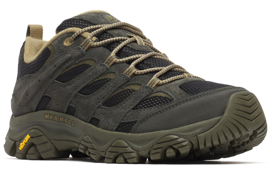 Olive green hiking shoe with suede leather and mesh upper, tan laces, and a Vibram sole.