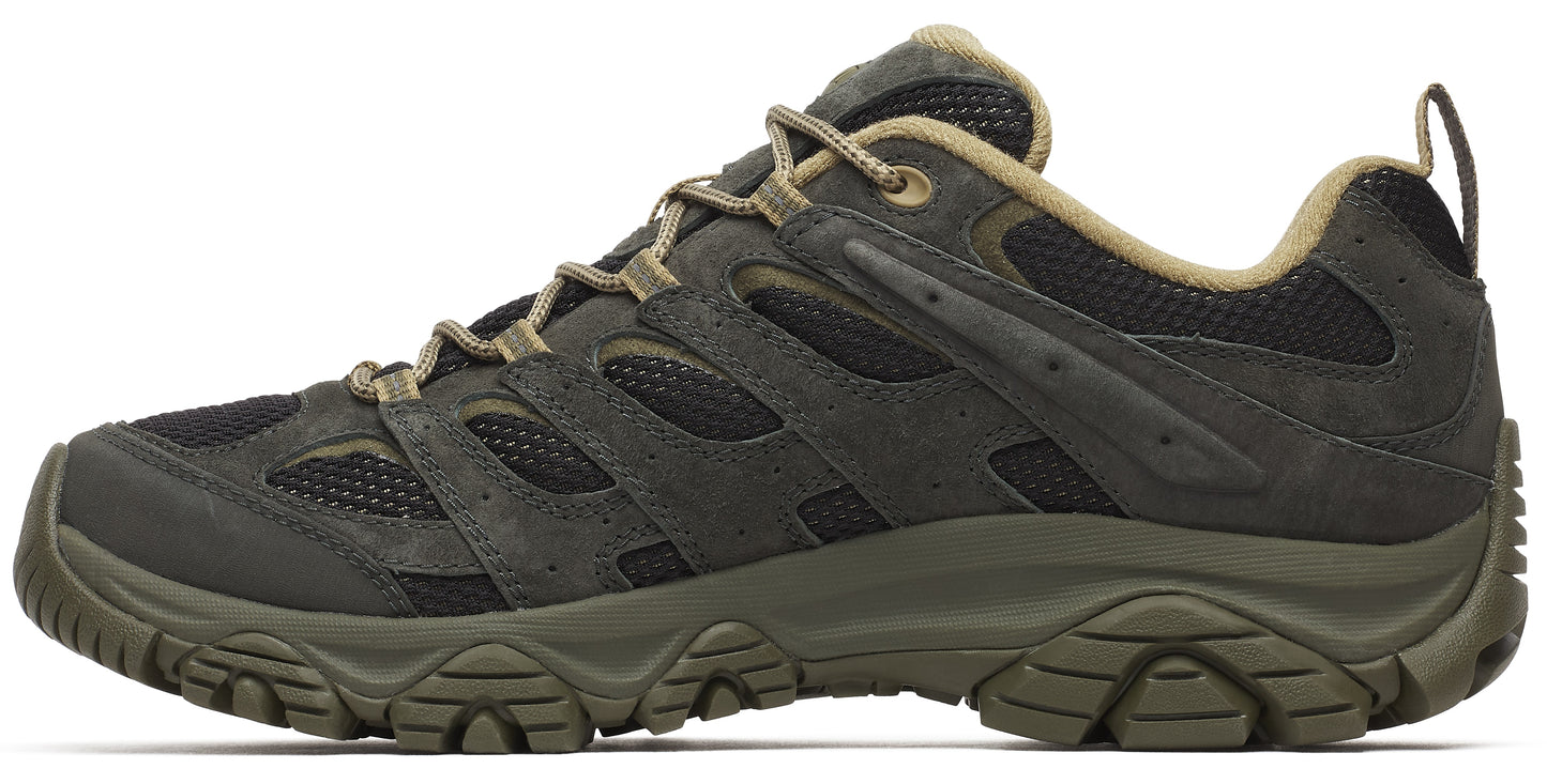 Low profile hiking shoe with dark gray suede leather upper, mesh inserts, tan laces, and a high-traction green sole.
