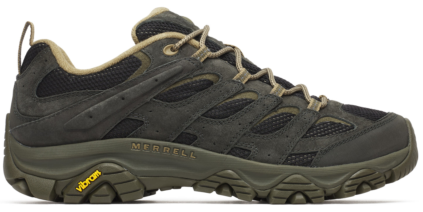 Olive-green hiking shoe with vibram soles.