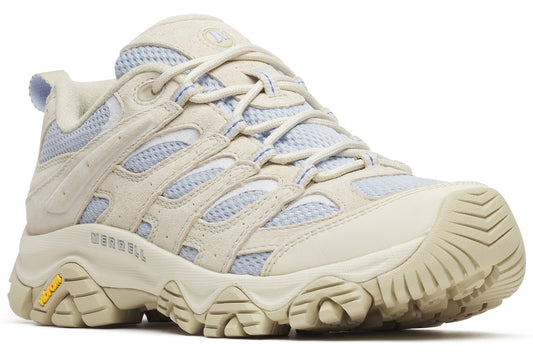 Beige low-top hiking shoe with tan laces and a lug sole, showcasing mesh and suede panels.