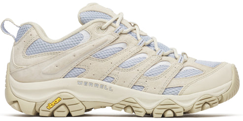 a low-top hiking shoe with a beige sole and white mesh