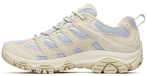 Low-top hiking shoe in light tan with mesh details, a rounded toe, and a rugged treaded sole.
