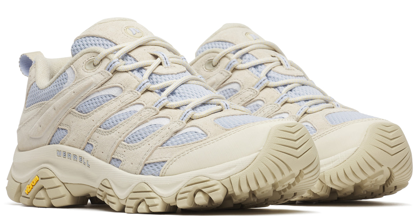 Tan-colored hiking shoes with purple-blue mesh