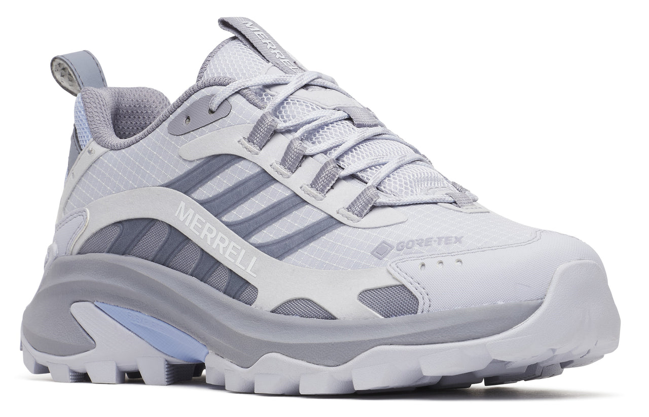Light gray athletic shoe with the word MERRELL on the side and GORE-TEX near the toe.