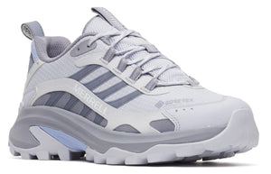 Light gray athletic shoe with the word MERRELL on the side and GORE-TEX near the toe.