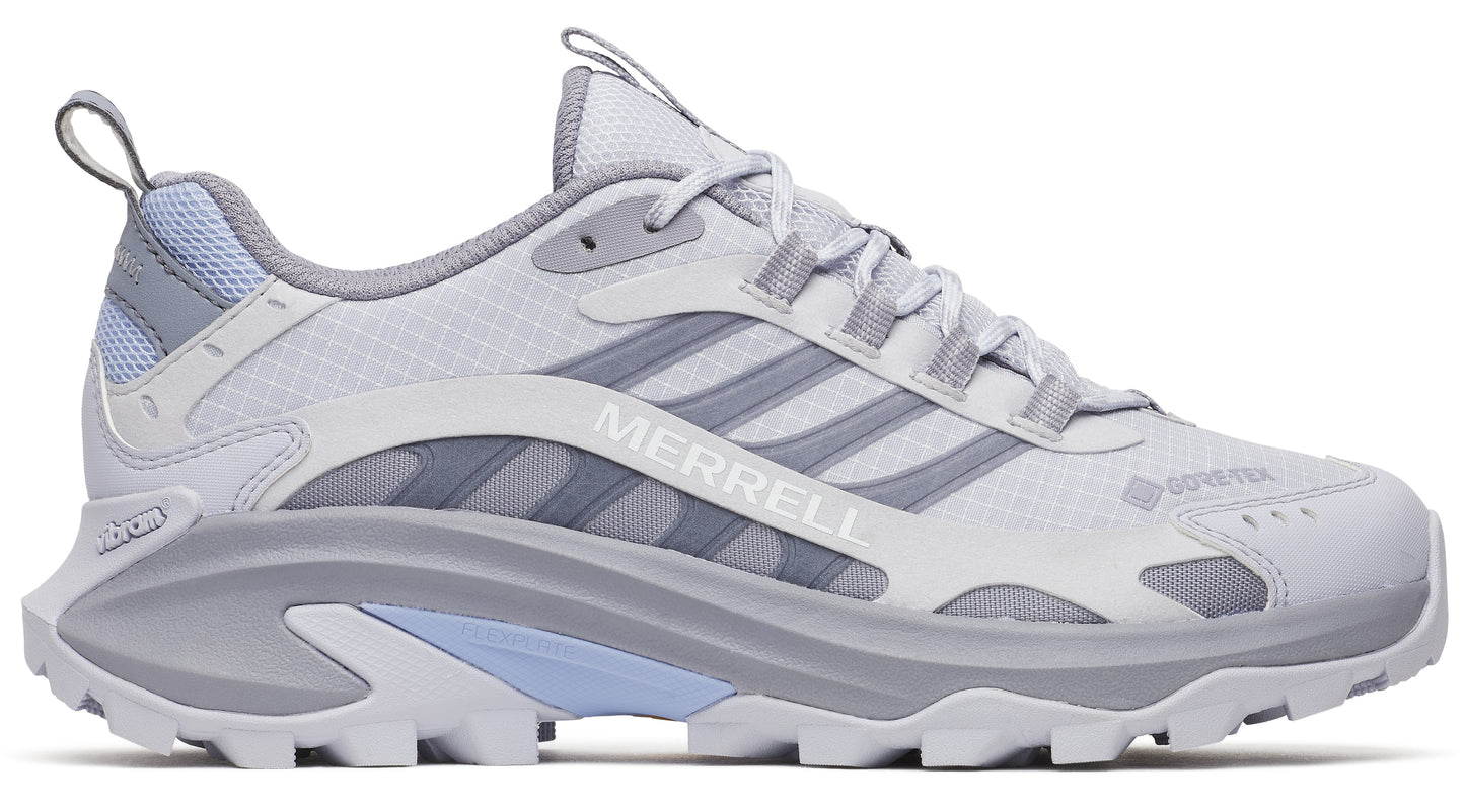 A white and gray hiking shoe with the word "MERRELL" printed on the side.