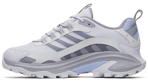 Trail running shoe with a white and light gray upper and a light gray outsole with aggressive lugs.