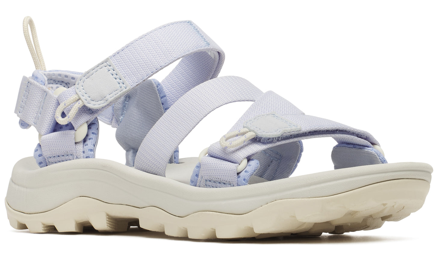 A lavender sandal with adjustable straps and a thick, off-white sole with deep treads.