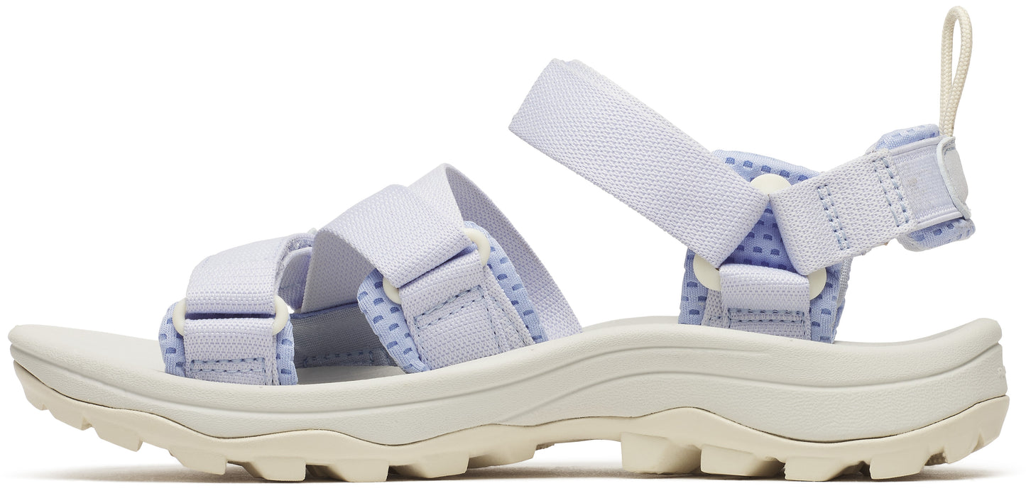 Lavender sandal with adjustable straps.